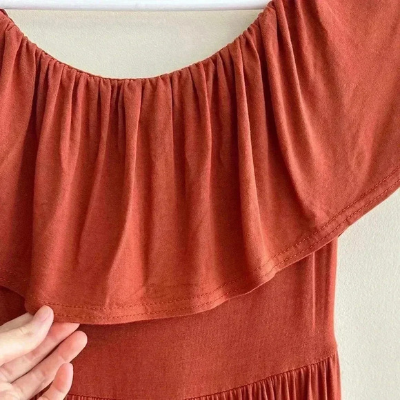 boohoo Stretch Midi Dress, Ruffled Off the Shoulder Sleeves, Burnt Orange, 6 - Picture 14 of 16